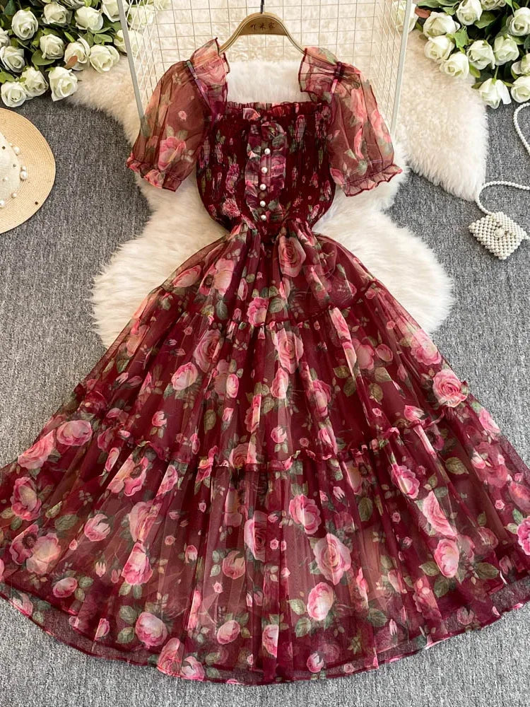 Aiertu Summer Women Floral Mesh Midi Dress Sweet Square Collar Short Puff Sleeve Ruffle Vestidos Female Elegant Purple/Green/Red Robe Aiertu