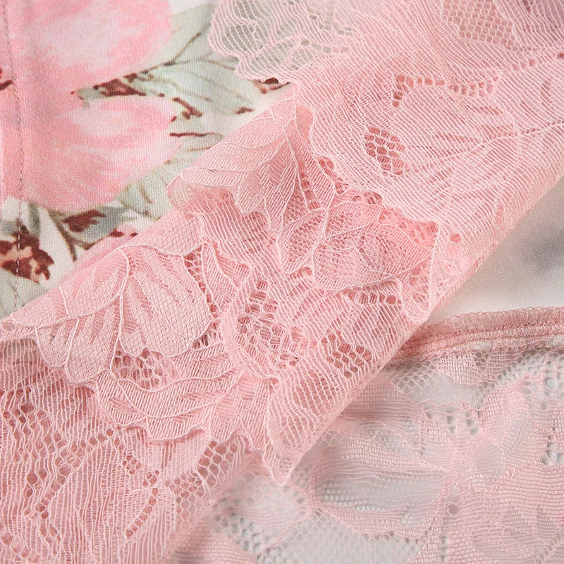 Aiertu  Flower Print Lace Trim Cut Out Camisole Dresses Sleeveless Spliced Skinny Side Split Sexy Elegant Frocks Aiertu