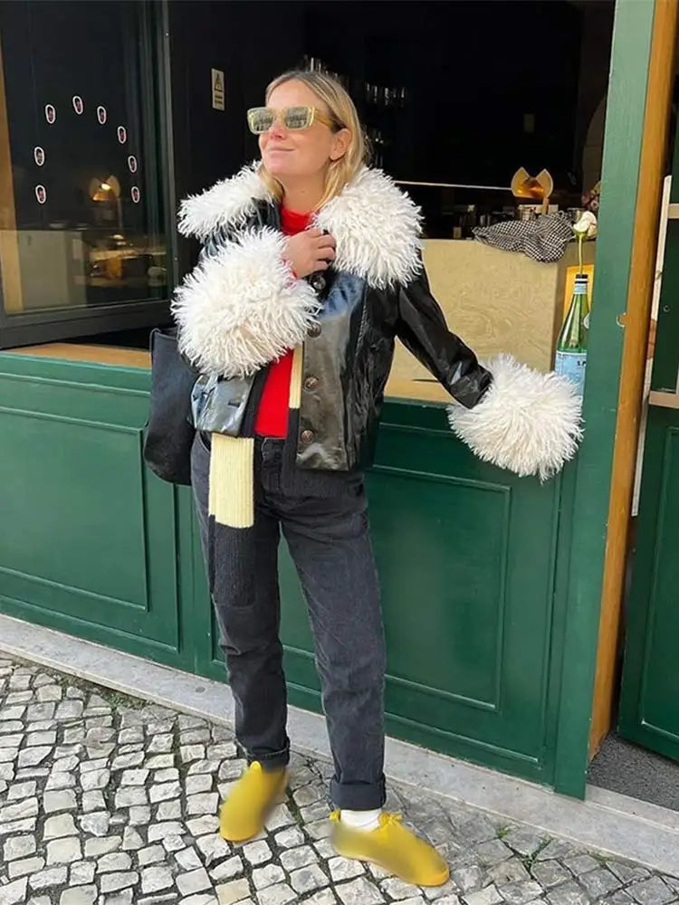 Aiertu  -  Luxury Lamb Wool Patchwork Leather Jacket Women Fashion Long Sleeved Coats 2026 Autumn Winter Lady High Street Outercoat Aiertu