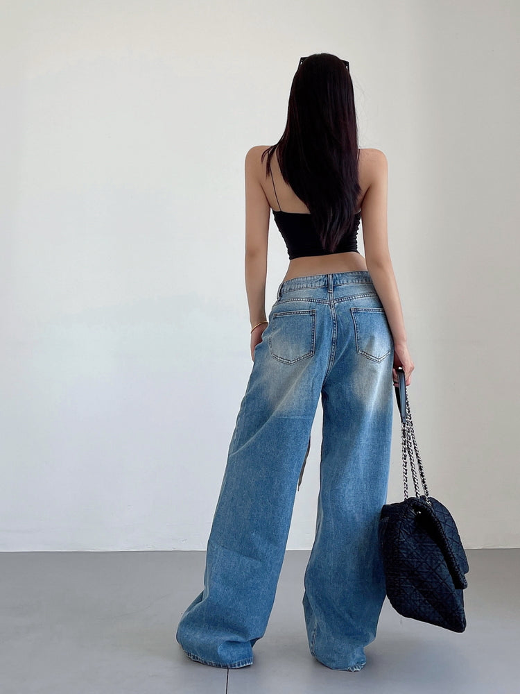 Aiertu Denim Blue Washed Low Rise Straight Leg Jeans Pants Aiertu
