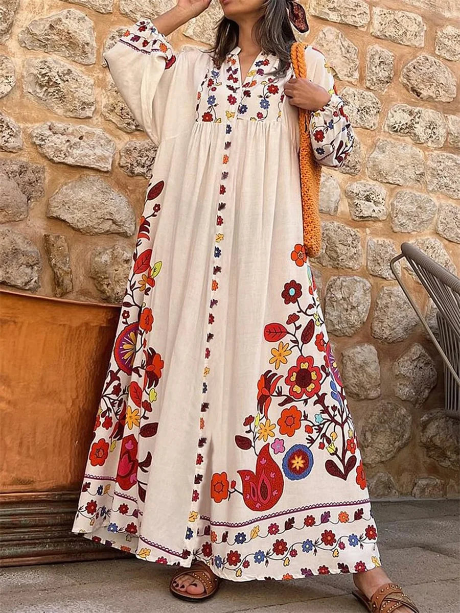 Aiertu  -  Women s Elegant Floral Print V-Neck Long Sleeve Maxi Dress with Flowy Silhouette for Casual Fall Style Aiertu