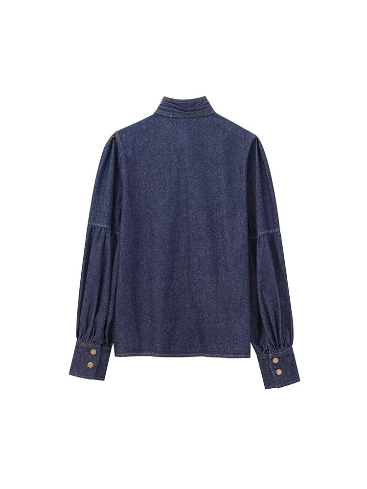 Aiertu  Women Fashion Denim Blue Single Breasted Jackets Shirts Vintage Bow Neck Long Sleeves Female Chic Lady Outfits Aiertu
