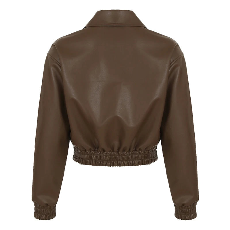 Aiertu  -  Korean Fashion Brown PU Jacket Y2K Vintage Autumn Casual Faux Leather Zipper Coat Harajuku Streetwear Outwear Lady Aiertu