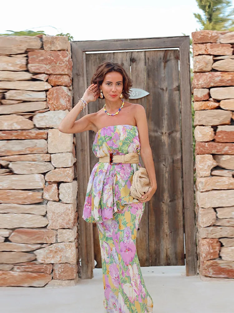 Aiertu  -  Strapless Layered Printed Dress Flower Off Shoulder Backless Layers Slimming Seaside Beach Women Long Dress Fashion Robes Summer Aiertu