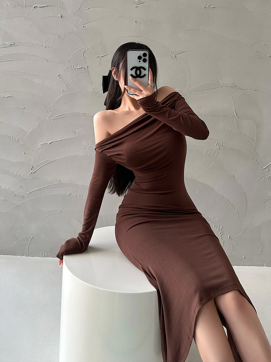 Aiertu Solid Color Slim Off The Shoulder Long Sleeve Dress Aiertu