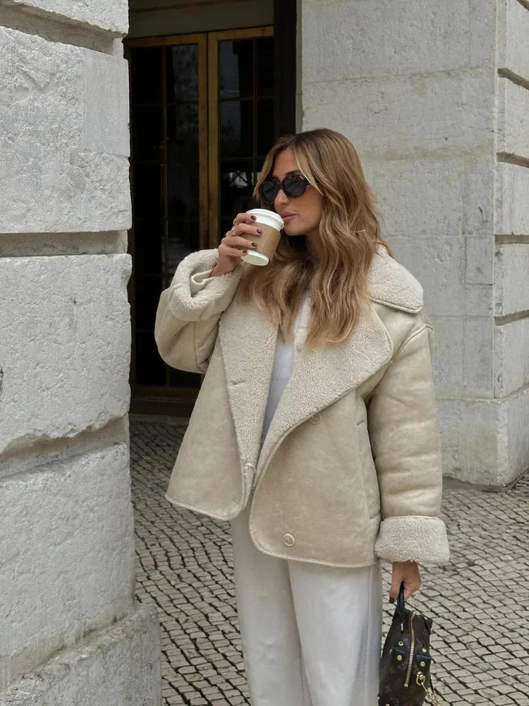 Aiertu  -  Women Fashion Lapel Leather Lamb Wool Jacket Chic Single-breasted Long Sleeves With Pocket Warm Coat 2026 Lady High Streetwear Aiertu