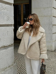 Aiertu  -  Women Fashion Lapel Leather Lamb Wool Jacket Chic Single-breasted Long Sleeves With Pocket Warm Coat 2026 Lady High Streetwear Aiertu