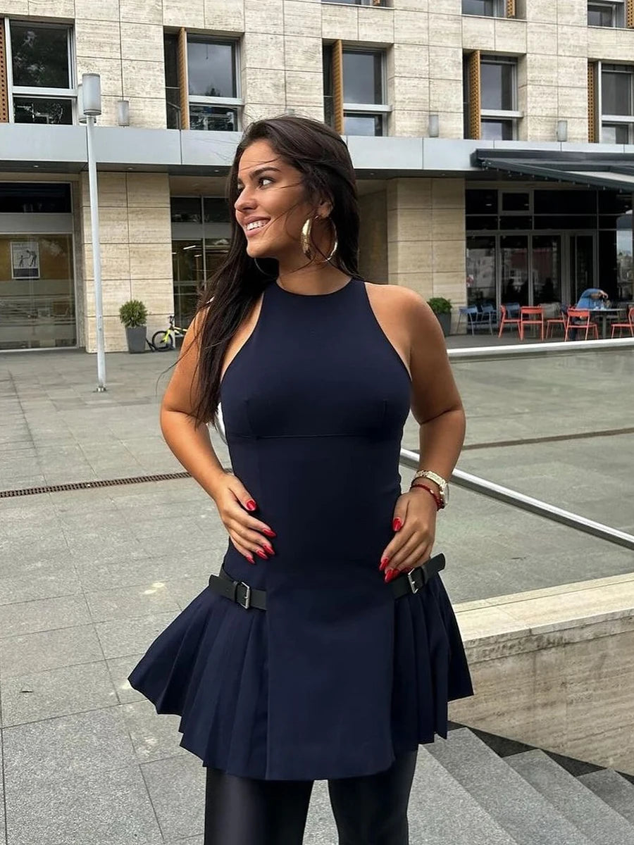 Aiertu  -  New Vintage Solid Belted Mini Dress Women 2025 Spring O Neck Sleeveless A-line Vestidos Elegant Fashion Casual Pleated Dresses Aiertu