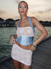 Aiertu  -  2026 New Fashion Lace Patchwork Dresses Sets Women Summer Halter Neck Backless Corset Top+Mini Skirts Sexy 2 Pieces Matching Set Aiertu