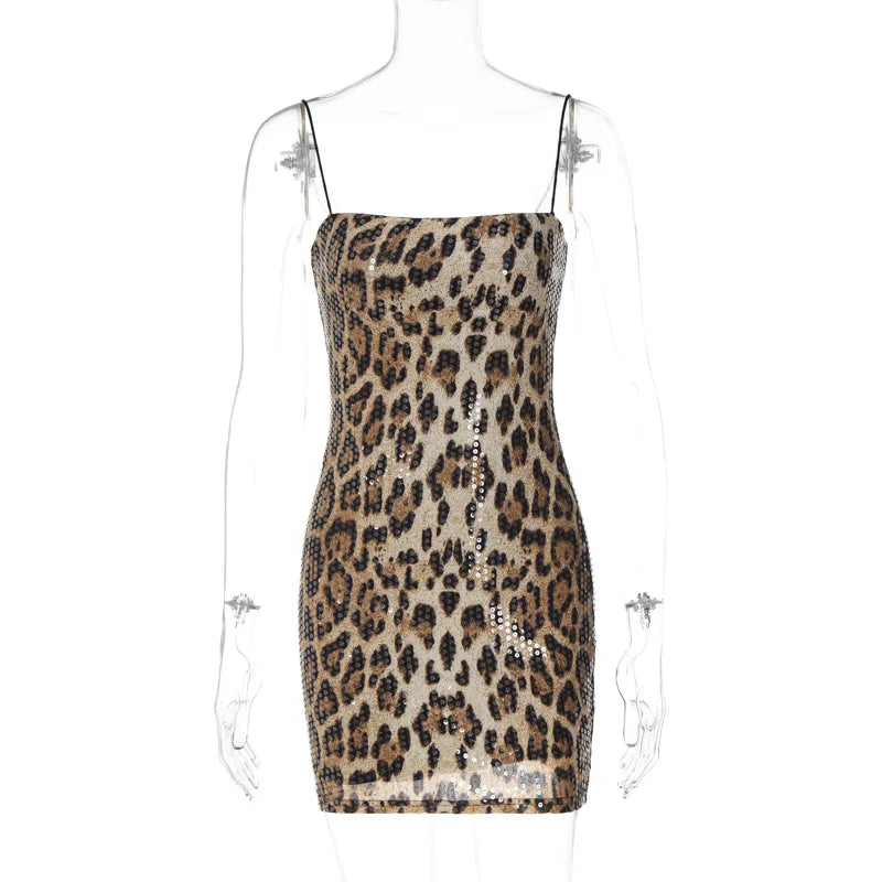 Aiertu  -  Fashion Sequins Leopard Print Mini Dress For Women Backless Sleeveless Bodycon Sling Dresses Lady Sexy Night Party Club Robes Aiertu