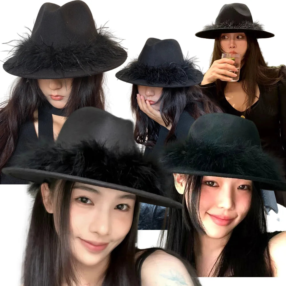 Aiertu  -  Black Fedora Hat For Women Men British Style Outdoor Flat Brim Top Hat Female Ostrich Fur Furry Wide Brim Party Cap Lady Aiertu