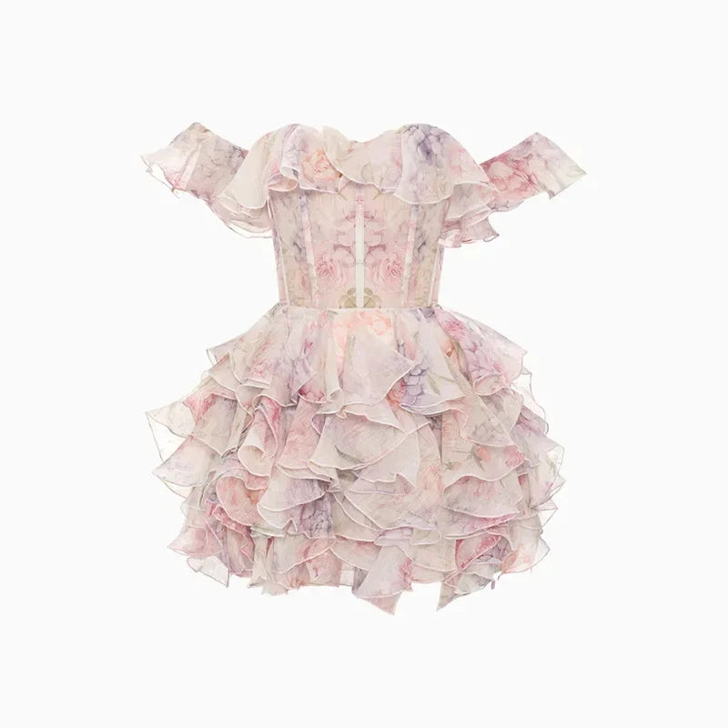 Aiertu  -  Strapless Tight High Waist Mini Dress Women Pink Floral Print Ruffle Layer Short Dresses Off Shoulder Sleeveless Casual Vestido Aiertu
