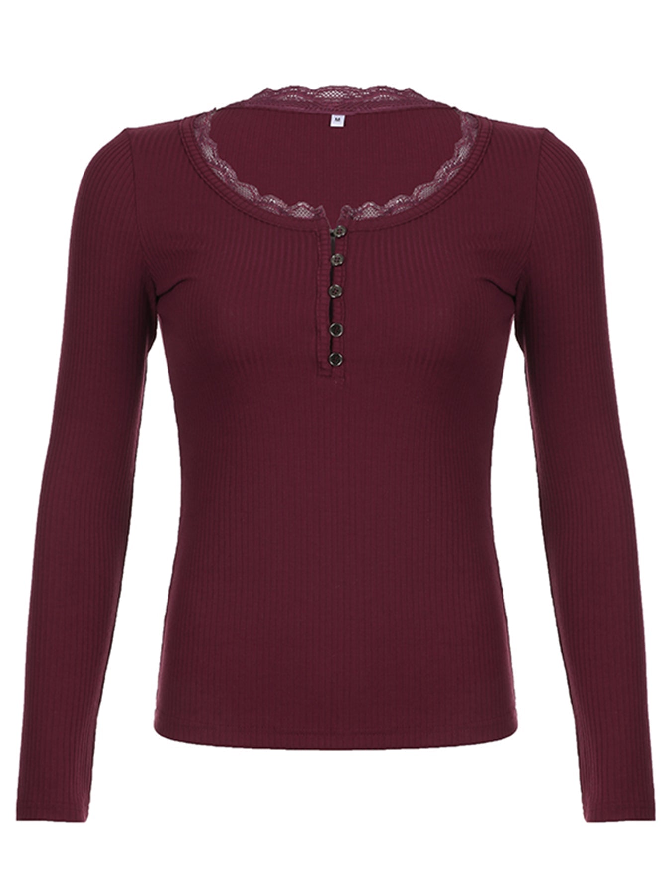 Aiertu - summer inspo Christmas American Retro Red Solid Slim Ribbed T-Shirt Women Button Up Lace Trim O Neck Long Sleeve Spring Auttumn Vintage Tees Aiertu