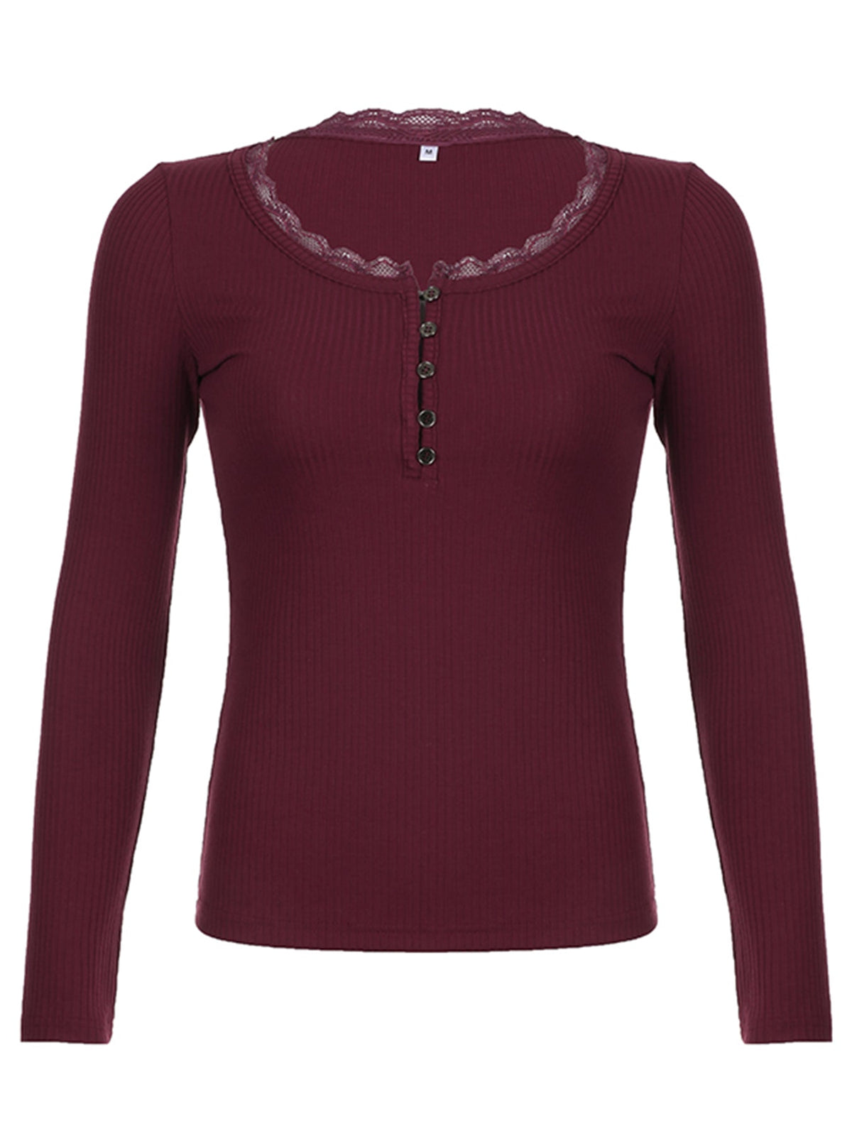 Aiertu - summer inspo Christmas American Retro Red Solid Slim Ribbed T-Shirt Women Button Up Lace Trim O Neck Long Sleeve Spring Auttumn Vintage Tees Aiertu