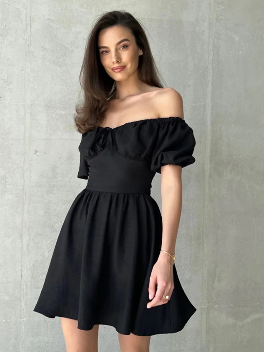 Aiertu  -  White Waist Lace-up Mini Dress Women Drawstring Off Shoulder Puff Sleeve A-line Dresses Summer Simple Casual Fashion Vestidos Aiertu