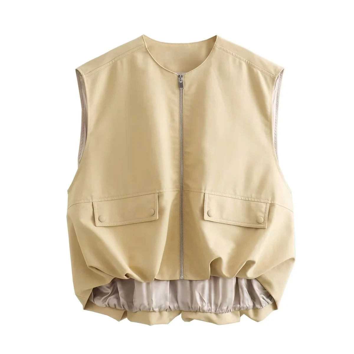 Aiertu  -  Padded Beige Waistcoat Folds Winter Sleeveless Vest Coat Turtleneck Pockets Zipper Autumn Thick Warm Parka Jacket Aiertu