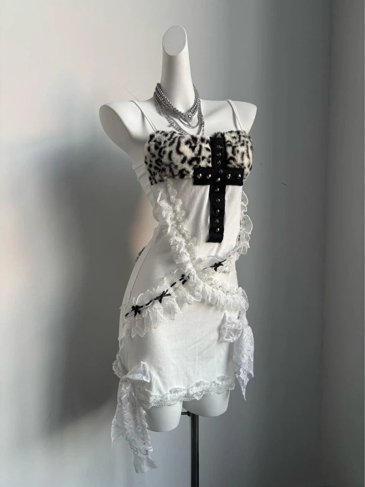 Aiertu  -  Vintage Sexy Leopard Crucifix Patchwork Slip Dress Women Streetwear Lace Bow Bodycon Dresses Grunge Y2k Aesthetic Mini Vestidos Aiertu