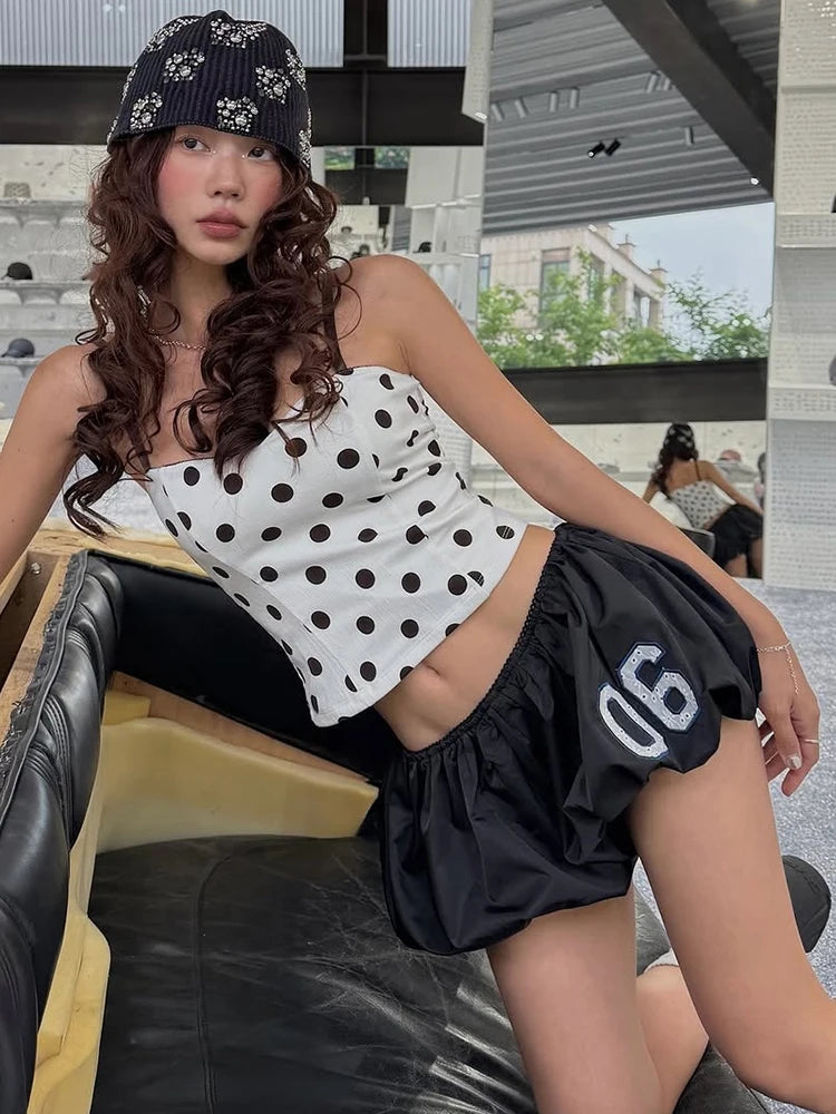 Aiertu  -  Puss Sweet 2-Piece Set Women Y2K Polka Dots Low-Neck Camisole Tops+Digital Clouds Puffy Skirt Hottie Sexy Matching Suits Aiertu