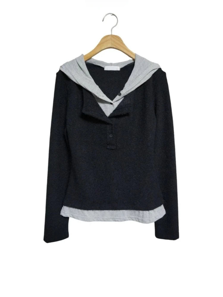 Aiertu  -  Korean Fake Two Pieces Patchwork Stripe T-Shirts Women Y2k Aesthetic Grunge Hooded Tops Vintage Button Casual Slim T-shirt 2025 Aiertu