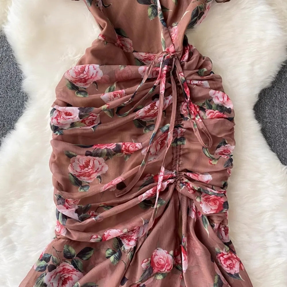 Aiertu  -  Casual Summer V Neck Butterfly Sleeve Print Robe Slim French Style Vintage Bodycon Mujer Mermaid Drawstring Lace Up Dress Aiertu