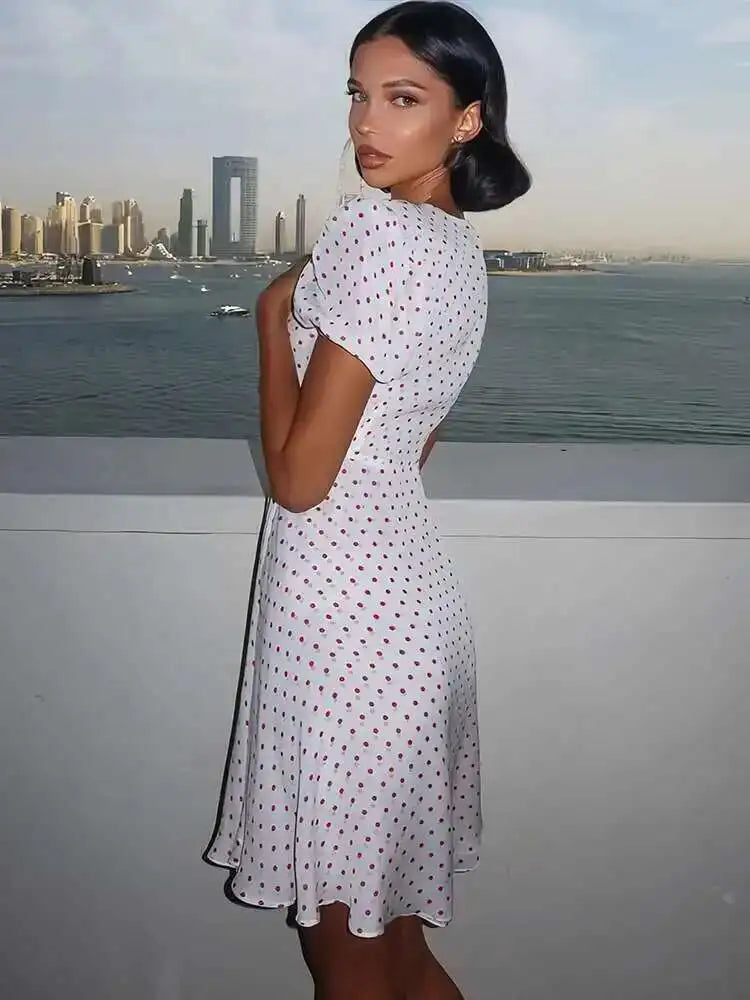 Aiertu  -  Summer New Print Polka Dot Zipper Women Dress Blue Short Sleeve V-neck Bandage Mini Dress Summer Slim Elegant Streetwear Aiertu