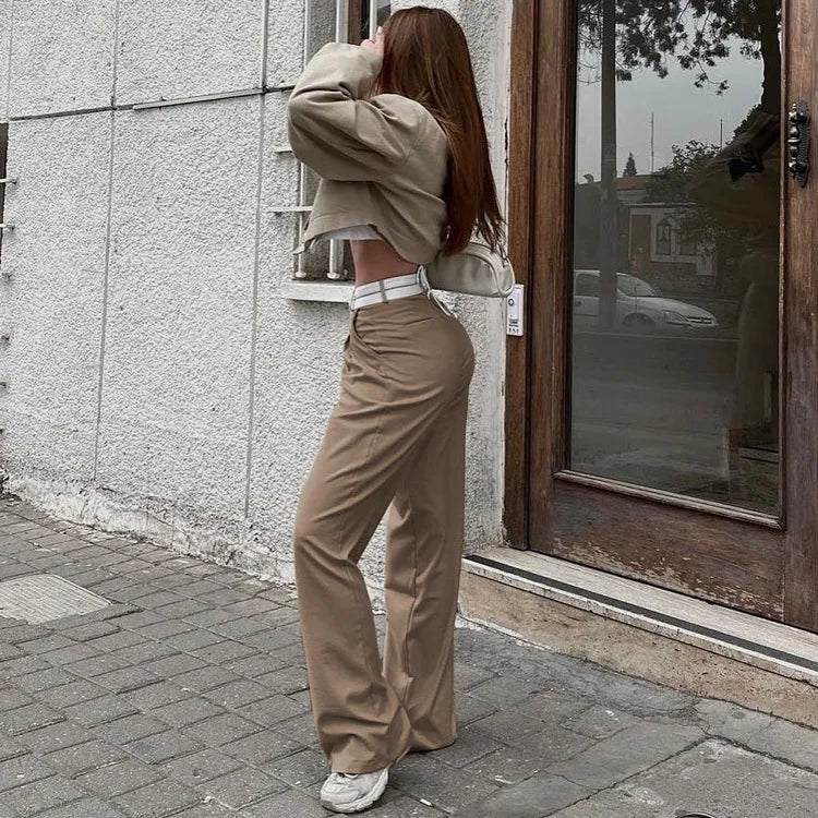 Aiertu  -  Elegant Loose Gray Office Ladies Pants Fashion High Waist Straight OL Trousers Chic Spliced Full Length Women Pants Aiertu