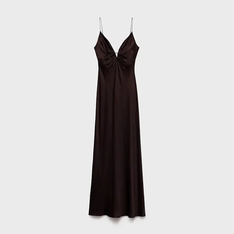 Aiertu  -  Deep V-neck Spaghetti Strap Midi Dress Women Sleeveless Backless Chic Zipper Lace Up Evening Dresses 2025 Summer Satin Robe Aiertu