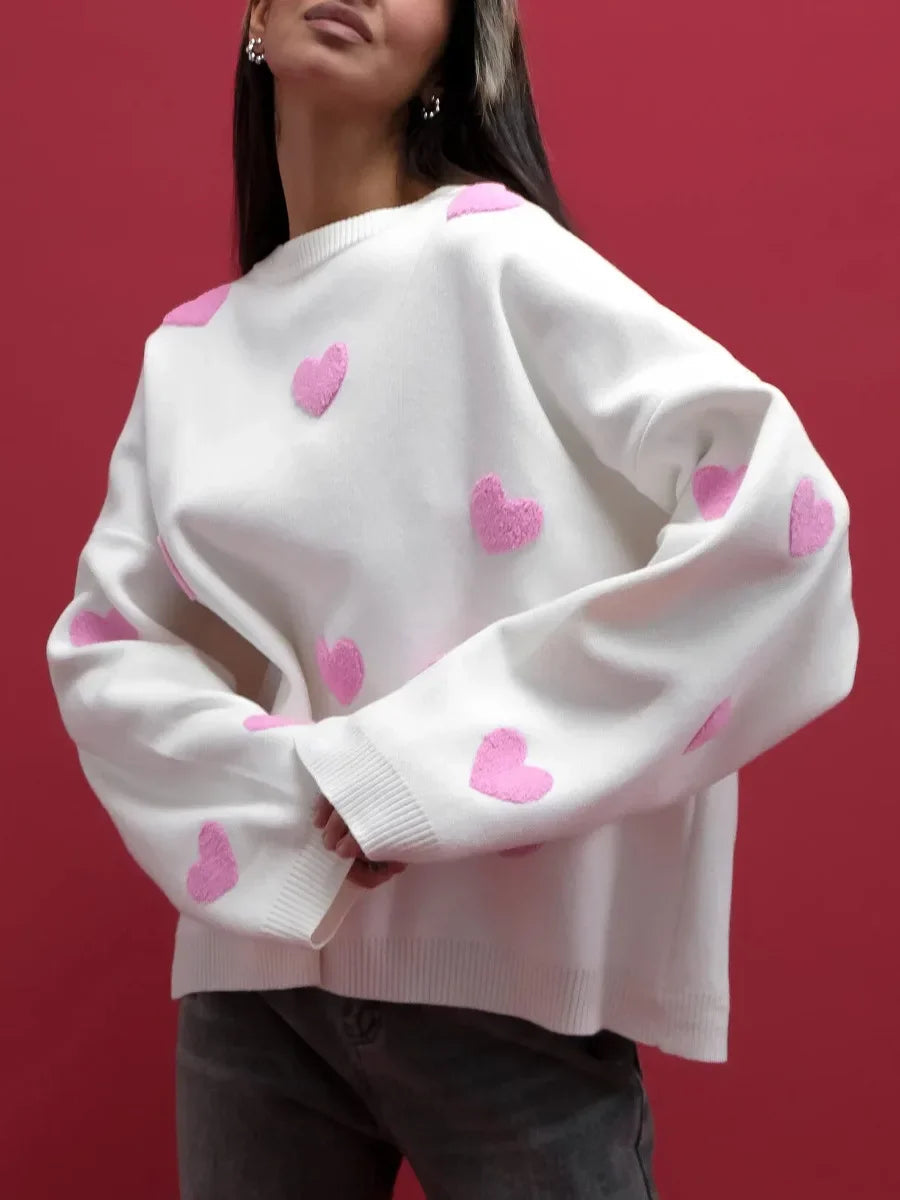 Aiertu  -  Love Heart Printed Knitted Sweater Pullover Tops Fashion O Neck Thickened Long-sleeved Sweaters Women Oversized Street Jumper Aiertu