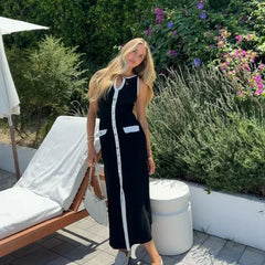 Aiertu  -  Elegant Sleeveless Single-breasted Ribbed Sweaters Long Dress for Women High Waist Bodycon Knitted Fake Pocket Dress New Aiertu