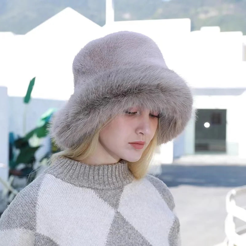 Aiertu  -  Autumn Winter Women Keep Warm Rainbow Faux Fox Fur Basin Cap Female Fashion Casual Party Bucket hat Music Festival Thickened Hat Aiertu
