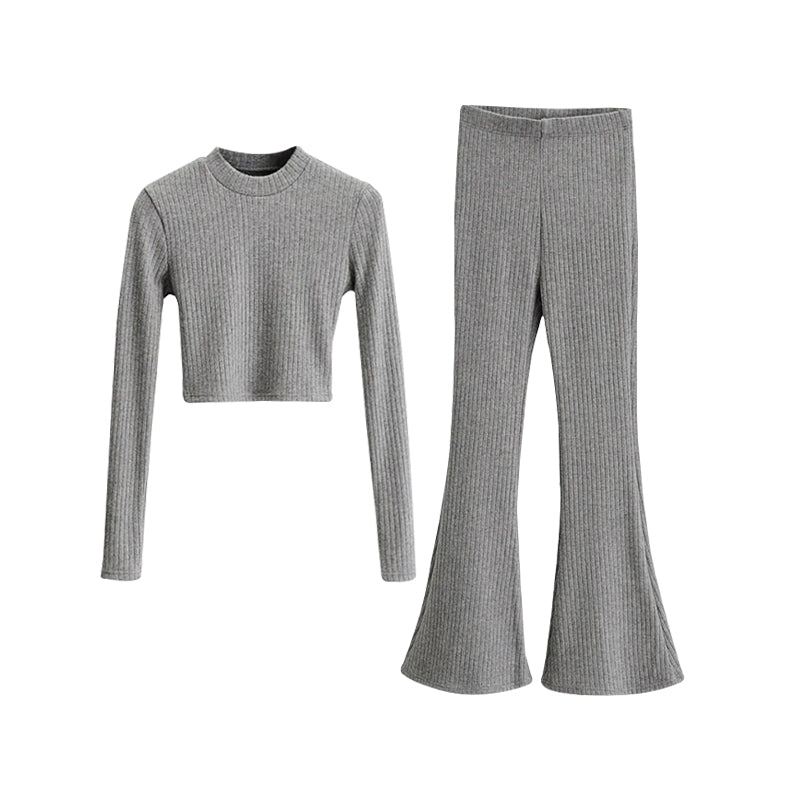Aiertus Solid Color Ribbed Slim Long Sleeve Cropped Top High Waist Pants Matching Set Aiertu