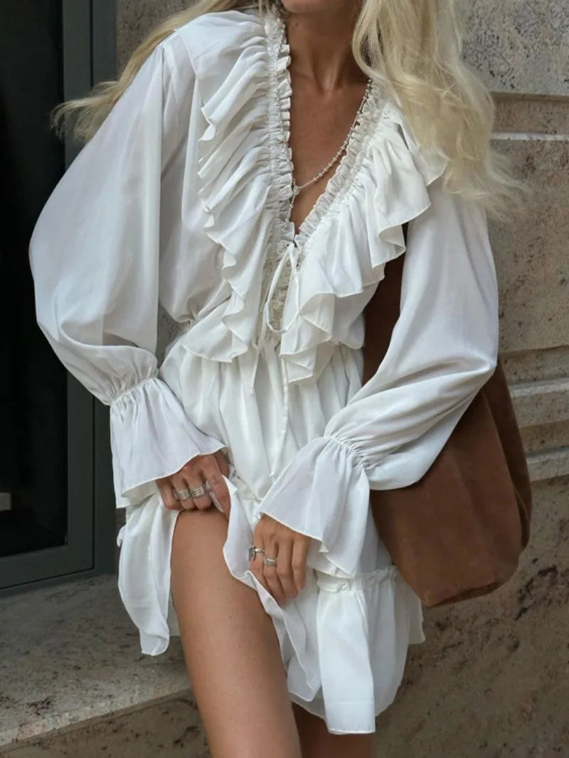 Aiertu  -  2026 Fashion V-neck Ruffles White Short Dress Streetwear Woman Autumn High Waist Bandage Tunics A-line Party Dresses Female Aiertu