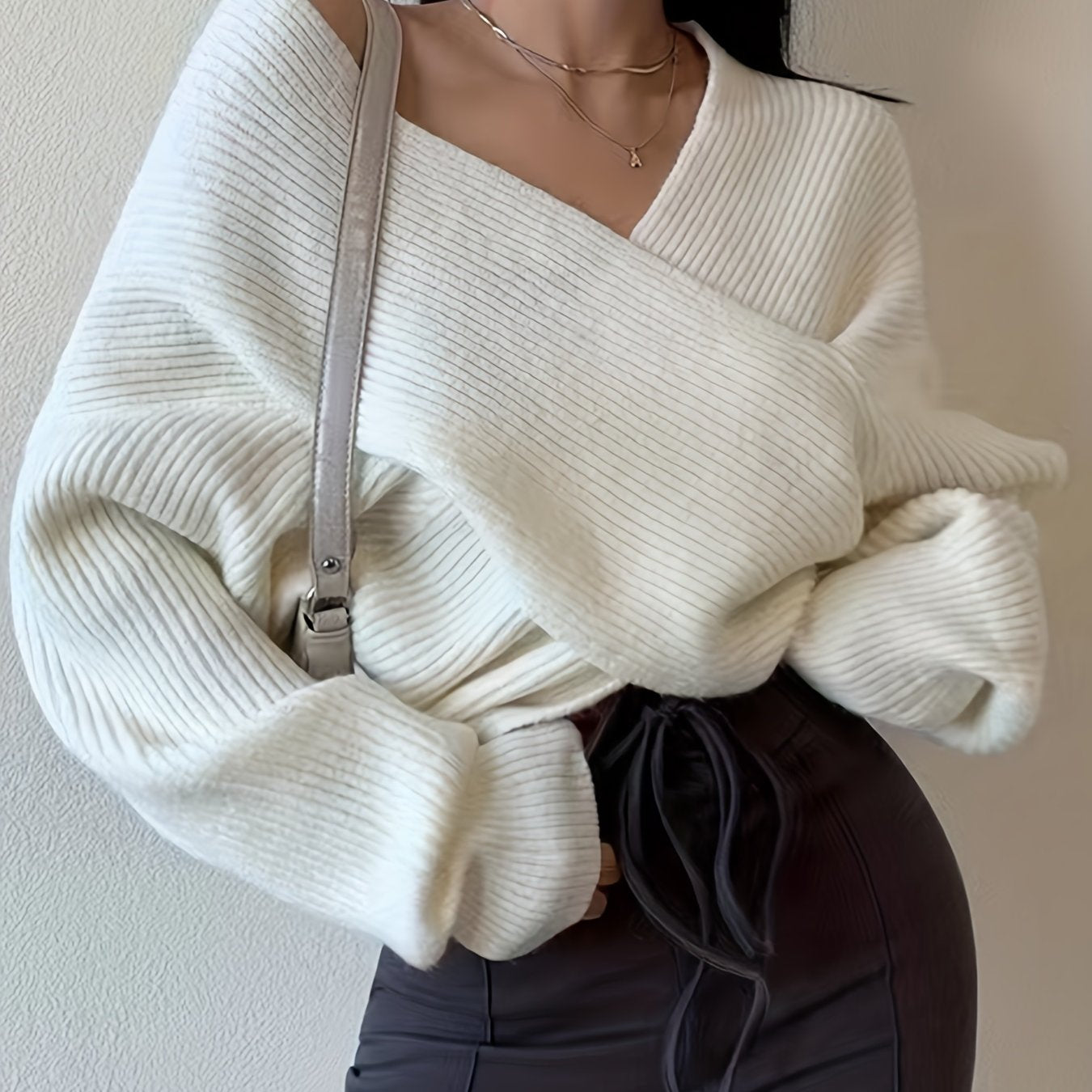 Aiertu Solid Cross Front Knit Sweater, Sexy V Neck Long Sleeve Loose Fashion Sweater, Women's Clothing Aiertu