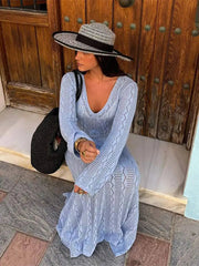 Aiertu  -  Elegant Blue 3d Flower Hollow Out Knitted Long Dress Women V Neck Flare Sleeves Slim Maxi Dresses 2026 Lady High Street Vestidos Aiertu