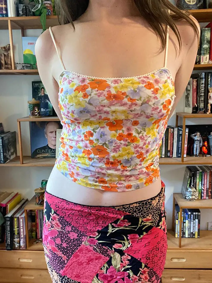 Aiertu  Contrast Floral Mesh Backless Cami Top Aiertu
