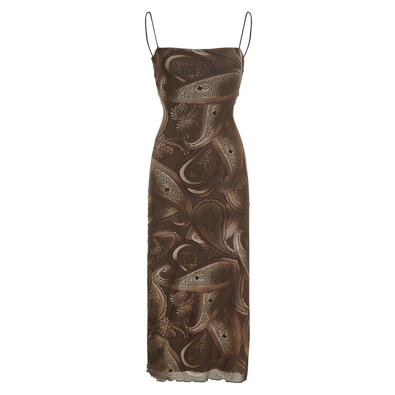 Aiertu - Retro Print Backless Strap Sexy Sling Maxi Dress Aiertu
