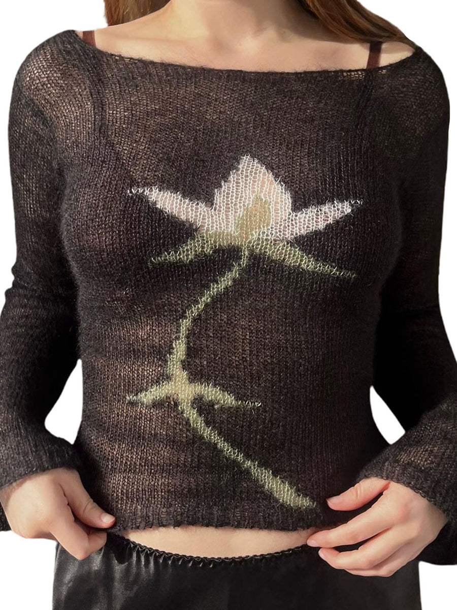 Aiertu  -  Vintage Y2K Knitted Sweater Flower Aesthetics Graphic Print Pullover Tops Long Sleeve Slim 2000s Harajuku Sweater Top Streetwear Aiertu