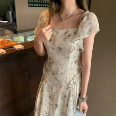 Aiertu  -  Vintage Elegant Women's Slim Summer Long Chiffon Dress Smudge Flower Square Collar Flattering Maxi Sundress Female Aiertu
