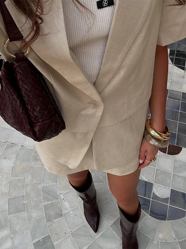 Aiertu  -  Mid Length Linen Suit Jacket Coat Skirt Set Waist Horizontal Line Design Satin Short Sleeve Baggy Wide Outwear Top Formal Attire Aiertu