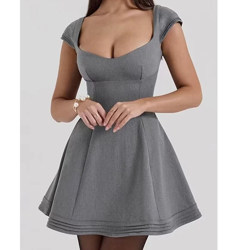 Aiertu  -  High Street Women Short Sleeve Gray Mini Dresses Sexy Backless Bandage Back A-line Summer Dress Party Robe Aiertu