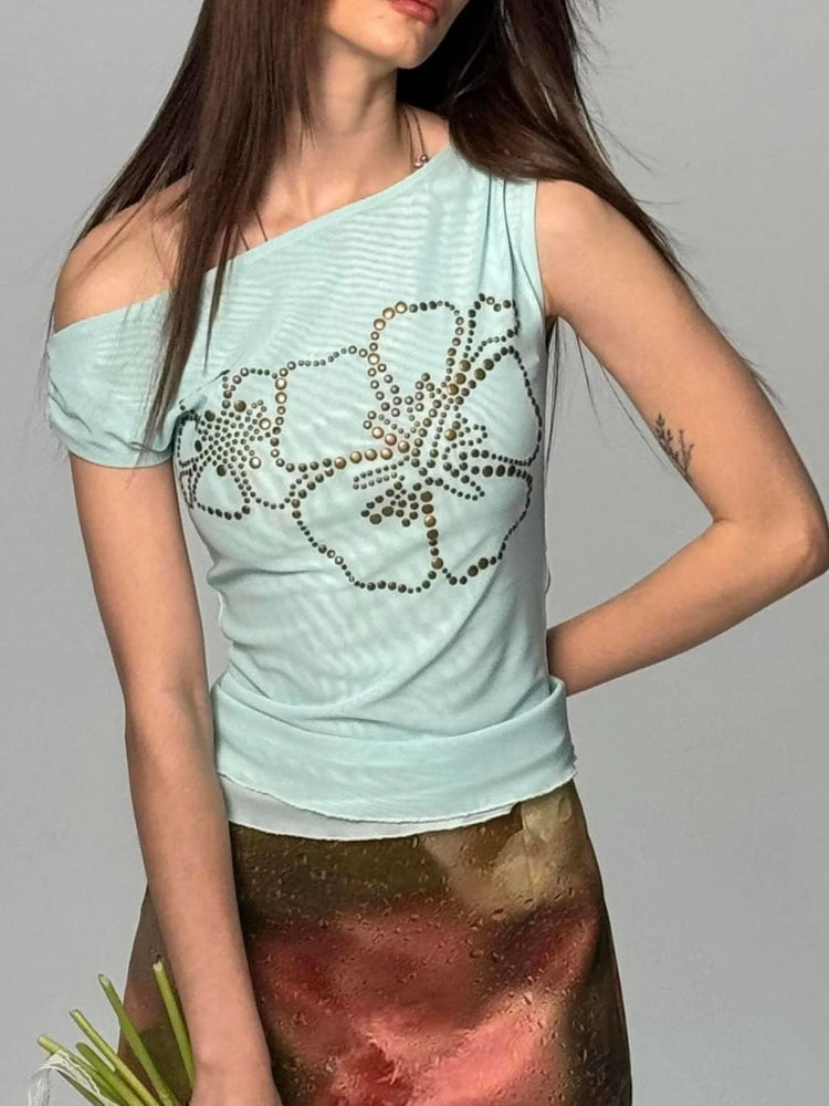 Aiertu  -  Summer Sexy Slash Neck Pleated Gauze Tshirts Women Y2k Aesthetic Rivet Flower Grunge Tops Harajuku Vintage Fairy Bodycon Tees Aiertu