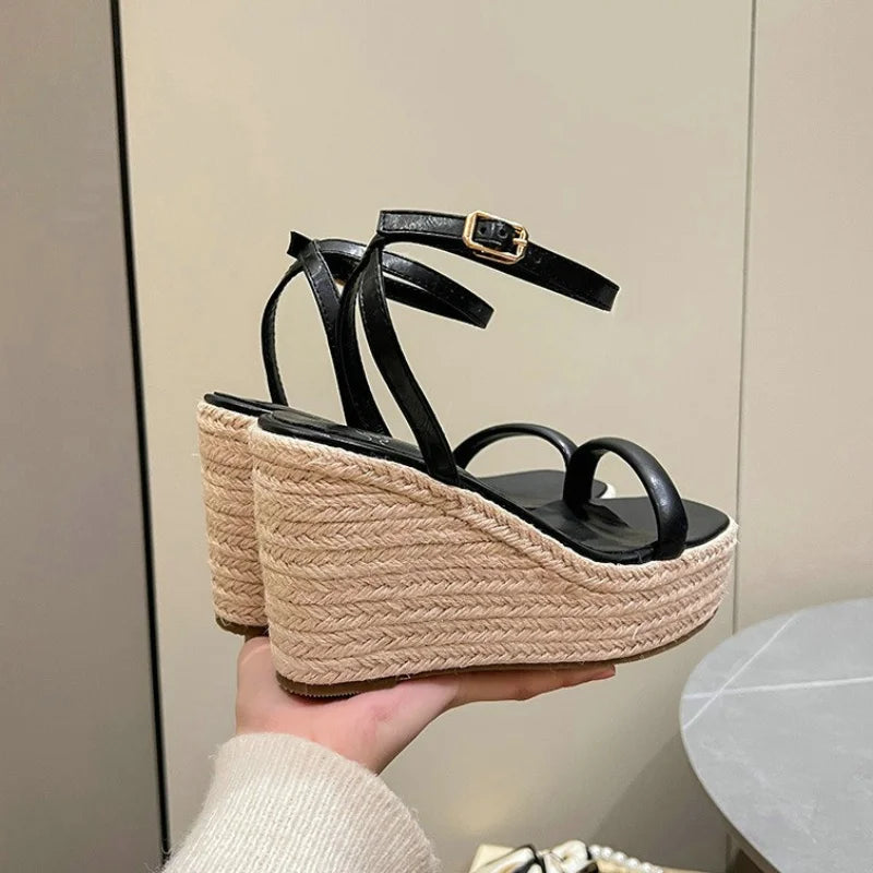 Aiertu  -  Summer New Buckle Square Head Hemp Wedge Sandals Thin Belt Braided Platform High Heel Shoes For Women Aiertu