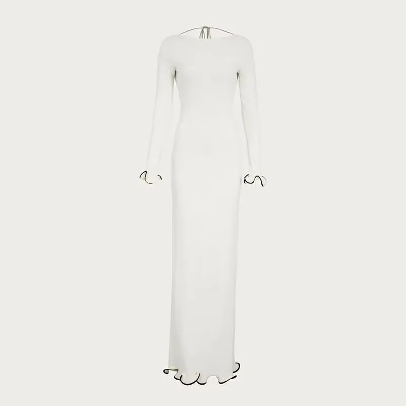 Aiertu  -  Backless Ruffled Knitted Long Dress For Women Contrast Color Flare Sleeve Autumn Sexy Bodycon Evening Party Sweater Dress Aiertu