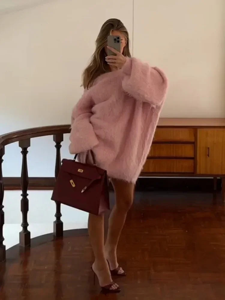 Aiertu  -  Casual Knitwear Backless Dress Oversized Sweater Female Loose Patchwork Autumn Knit Solid Fashion Y2k Mini Dress 2026 New Aiertu