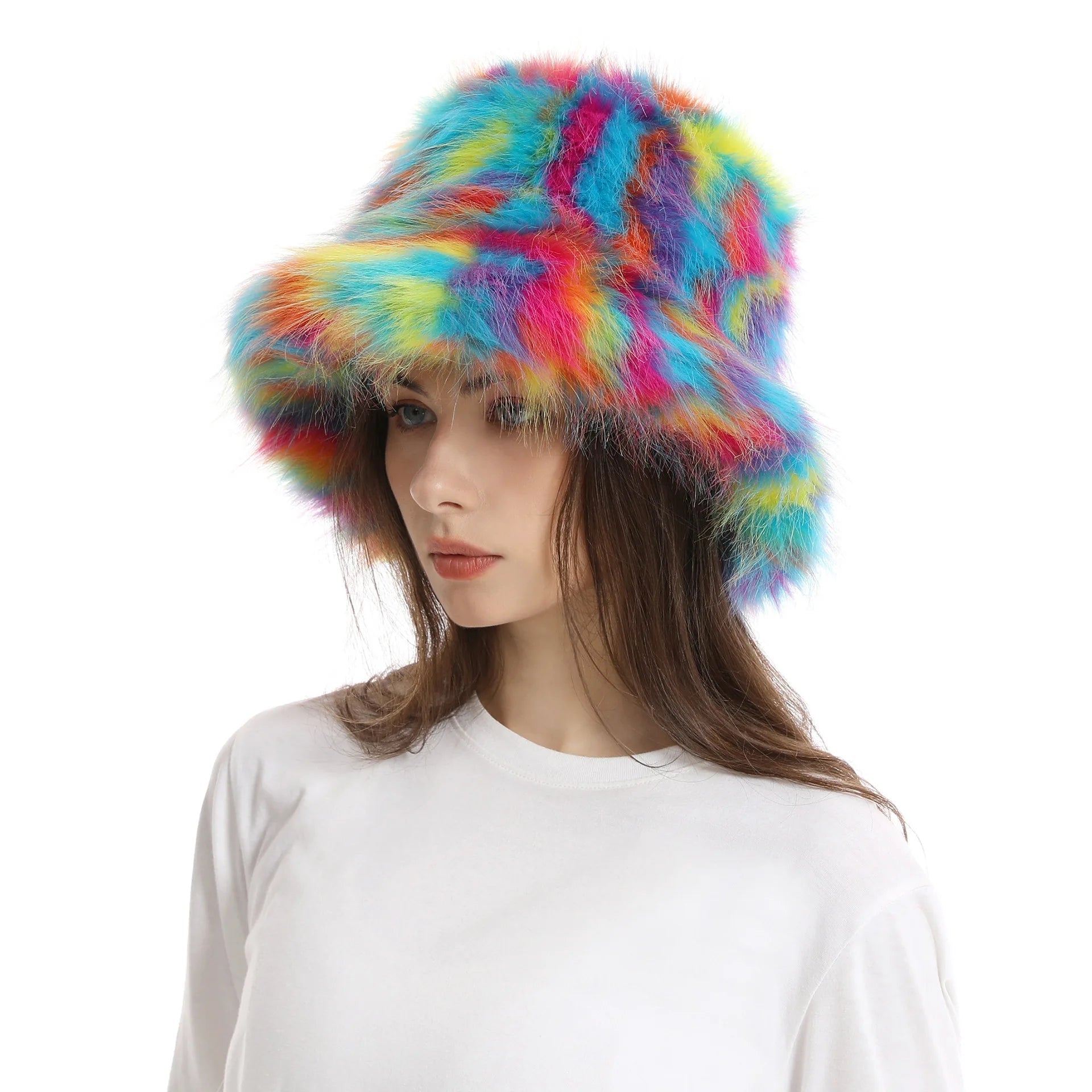 Aiertu  -  Autumn Winter Women Keep Warm Rainbow Faux Fox Fur Basin Cap Female Fashion Casual Party Bucket hat Music Festival Thickened Hat Aiertu