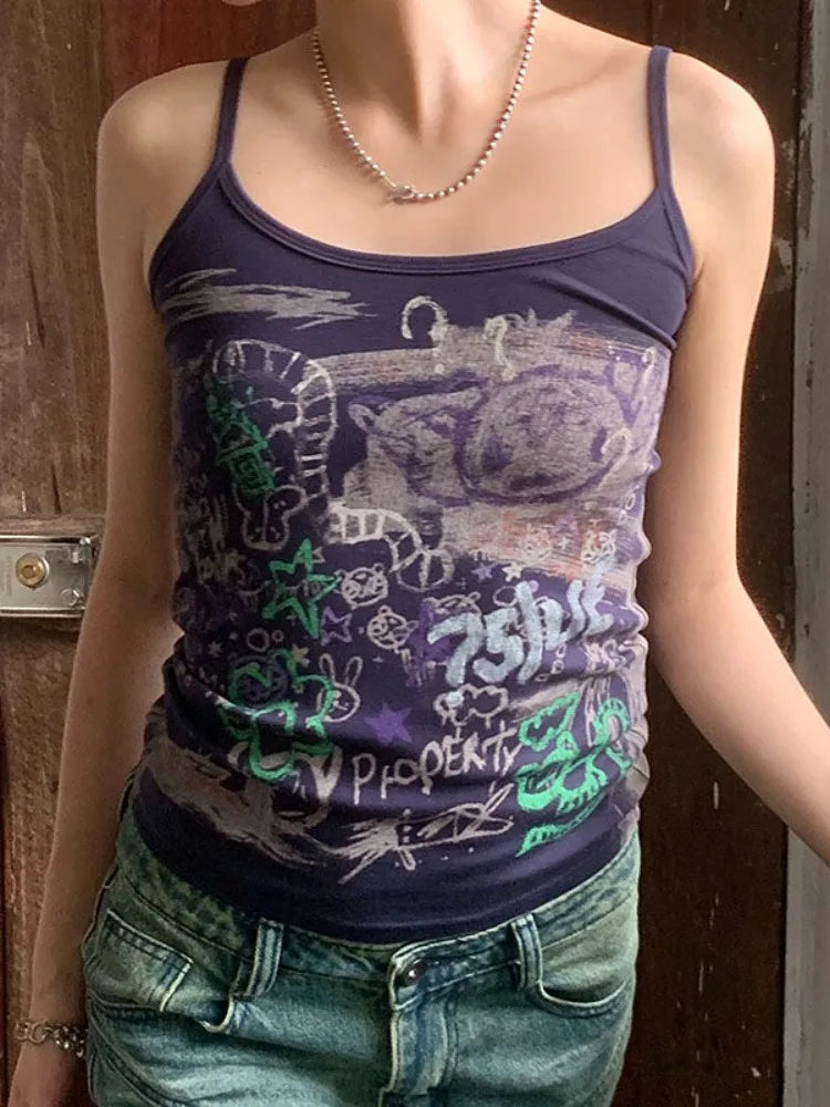 Aiertu  -  Summer Streetwear Grunge Cartoon Print Tanks Kawaii Cute Slim Sweet Y2k Aesthetic Tank Top Harajuku Women Camisole Trendy Aiertu