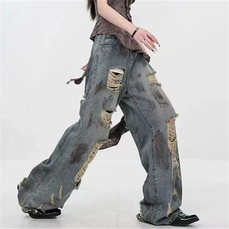 Aiertu  -  Women's Wear Through Dirty Blue Distressed Jeans Summer Girl Wide-leg Denim Trousers Vintage Bottoms Female High Waisted Pants Aiertu