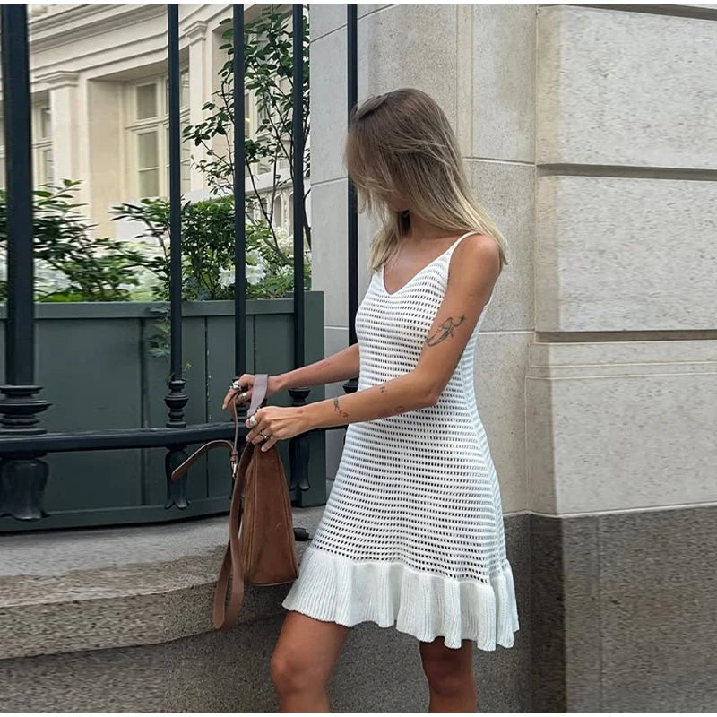 Aiertu  -  Casual Knit Hollow Out Dress Women V-neck Sling Sleeveless Backless Ruffle Hem Mini Dresses Female 2025 Spring Summer Lady Gown Aiertu