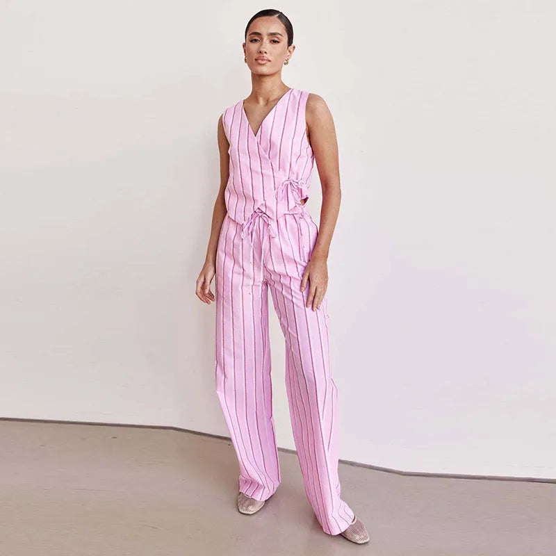 Aiertu  -  Fashion Striped Long Pants Set Lady V-neck Sleeveless Cross Lace Up Vest Top Loose Straight Trousers 2 Piece Sets Women Outfit Aiertu