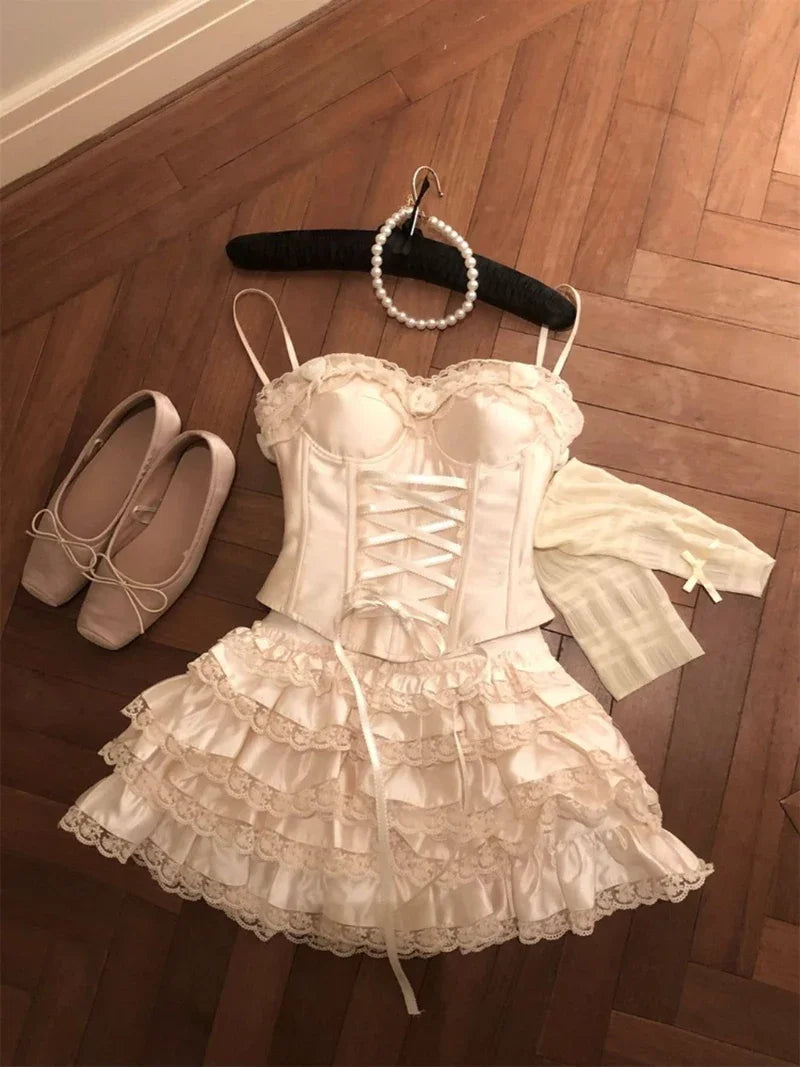 Aiertu  -  Y2K 2 Piece Sets Women Outfit Sexy Crop Lace Bandage Tank Tops + Ruffles Ball Gown Mini Skirt Summer Gyaru Design Clothes Aiertu